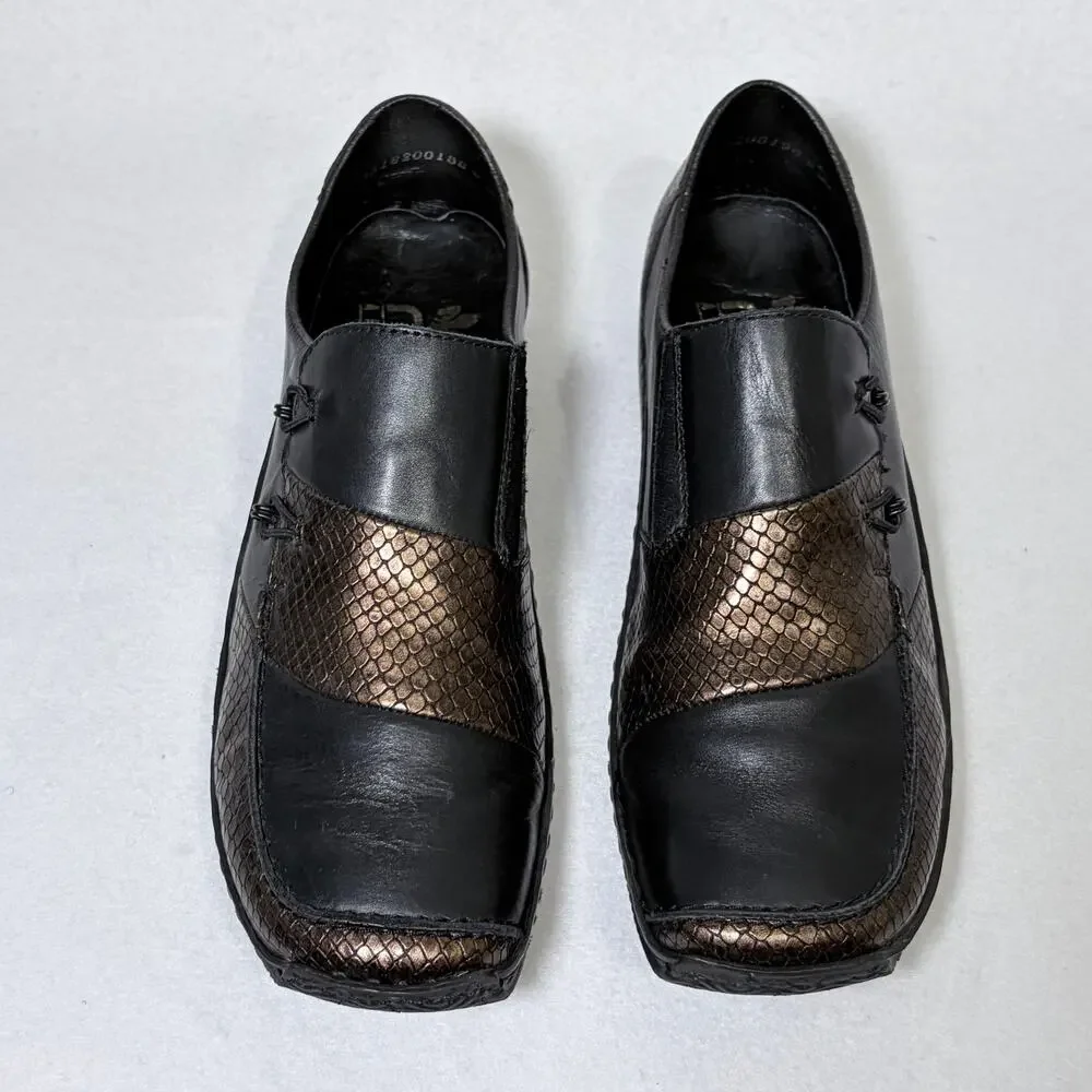 Rieker Comfort Slip On Shoes Womens 39 US 8 Black Leather Brown Argyle Metallic